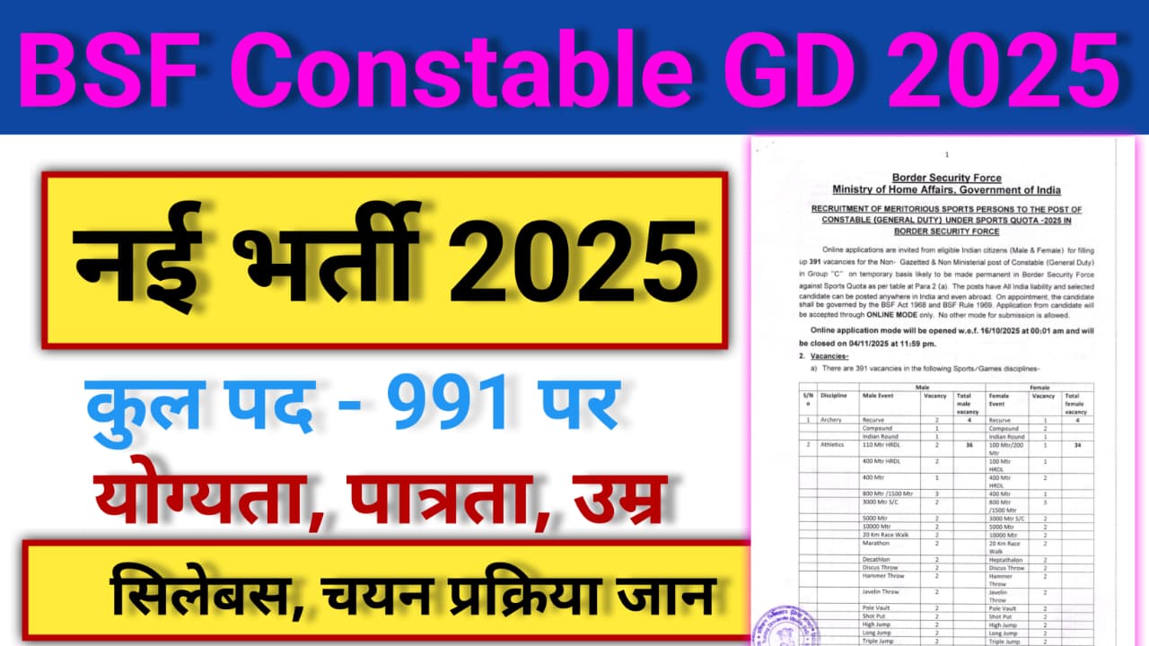 BSF Constable General Duty Recruitment 2025:- Total Post 391 Apply Online